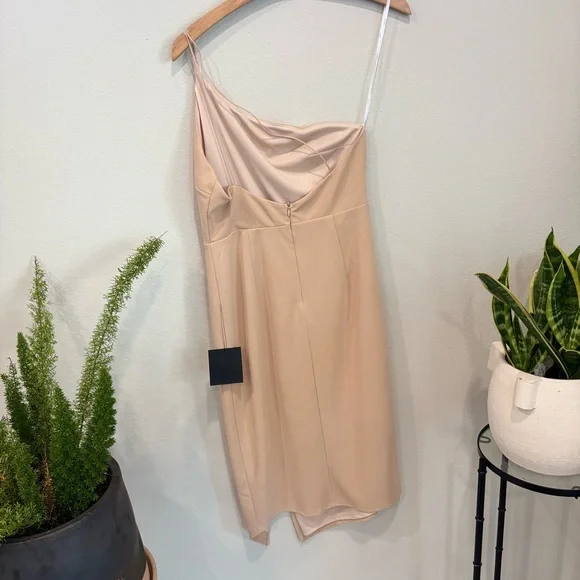 Lulus | Happiest Hour Beige Asymmetrical Bodycon Midi Dress | Size Medium - Picture 4 of 5